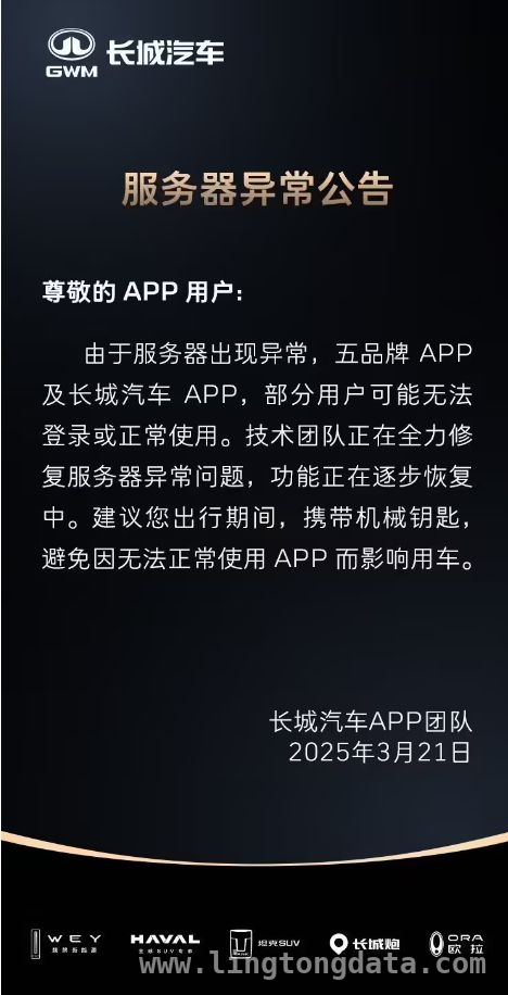 长城汽车App服务器异常，建议车主带机械钥匙出行 长城汽车多品牌App故障，技术团队紧急修复