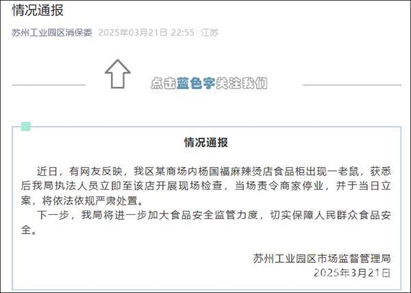 食品柜现老鼠，苏州杨国福麻辣烫店被责令停业！