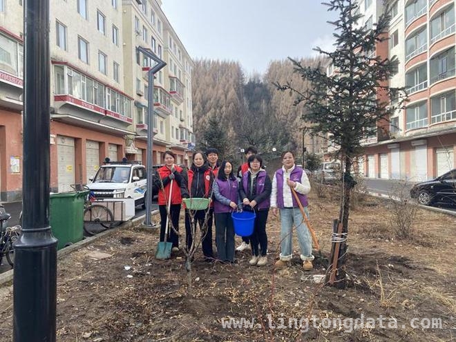 春雨中，安图安北社区志愿者积极投身植树活动，安北社区植树节：志愿者热情植树，践行生态文明理念